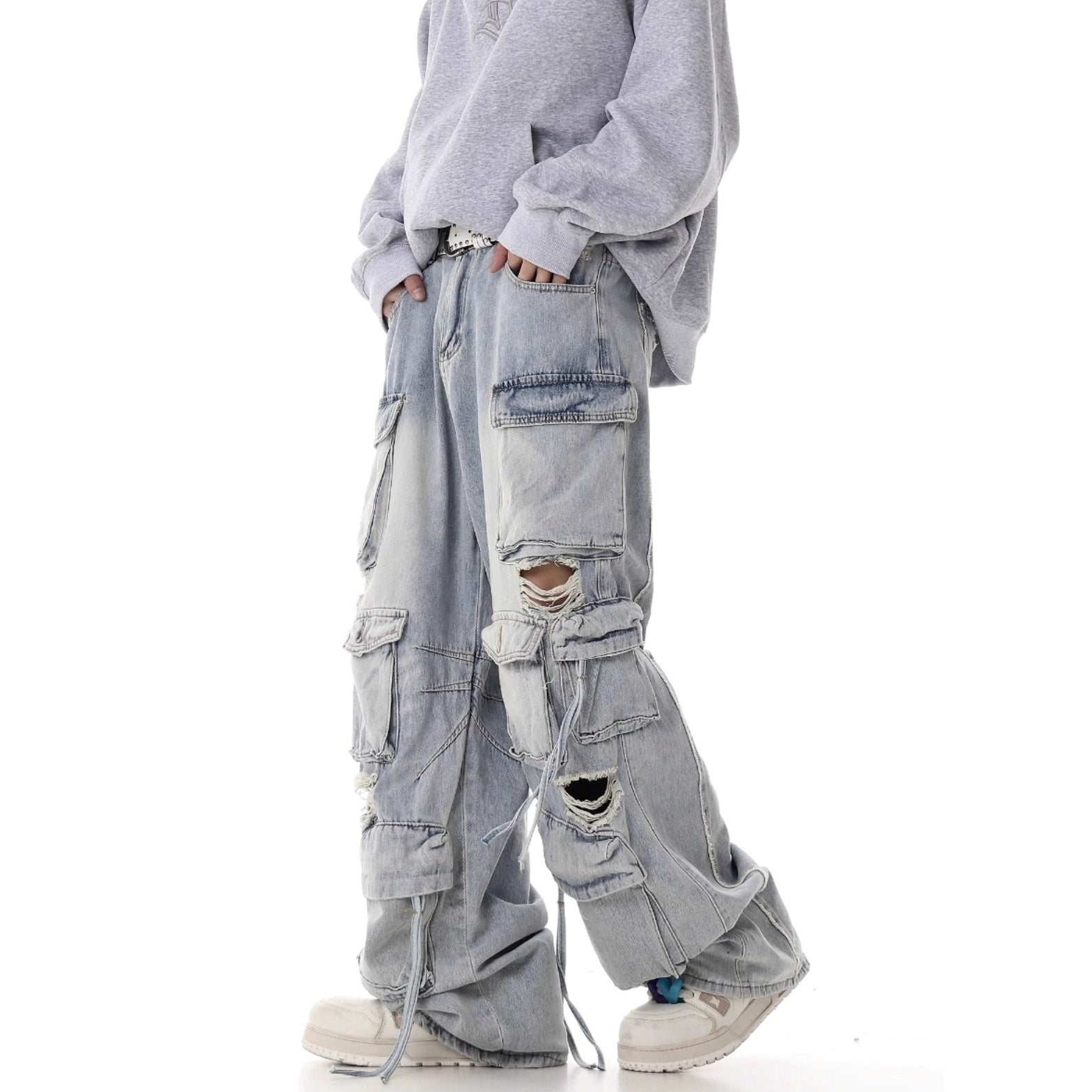 Heavy Washed Ripped Cargo Jeans MB7375
