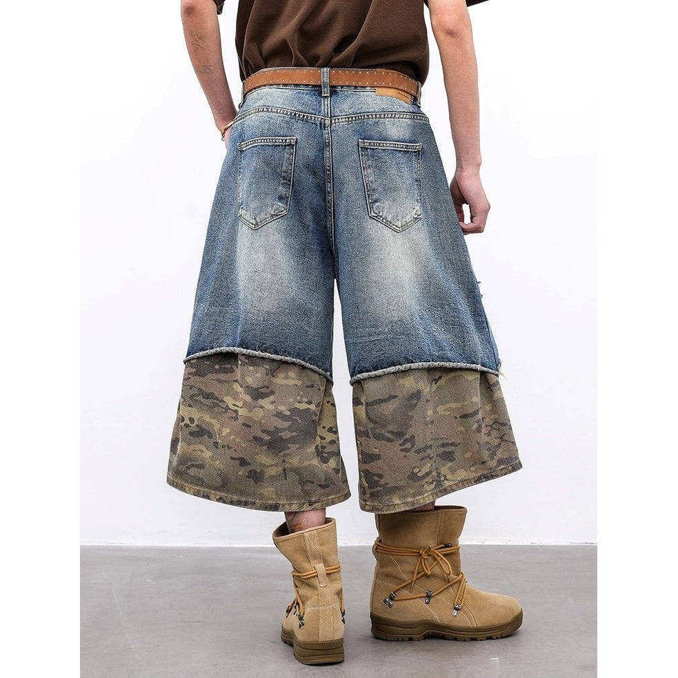 Vintage Panelled Ripped Camouflage Cropped Jeans BL1009
