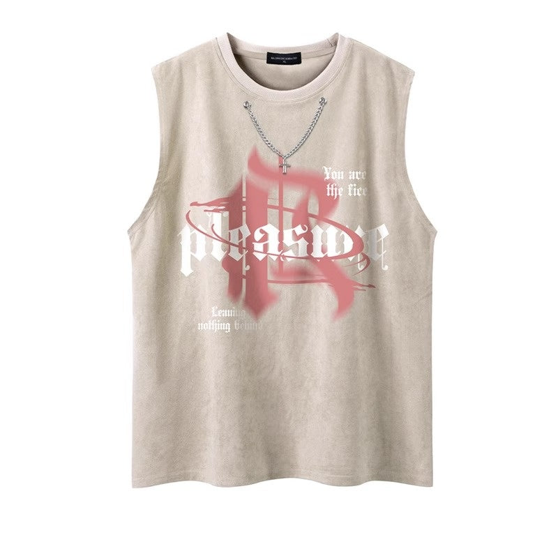 Neck Chain Loose Graphic Sleeveless T-shirt NH7003