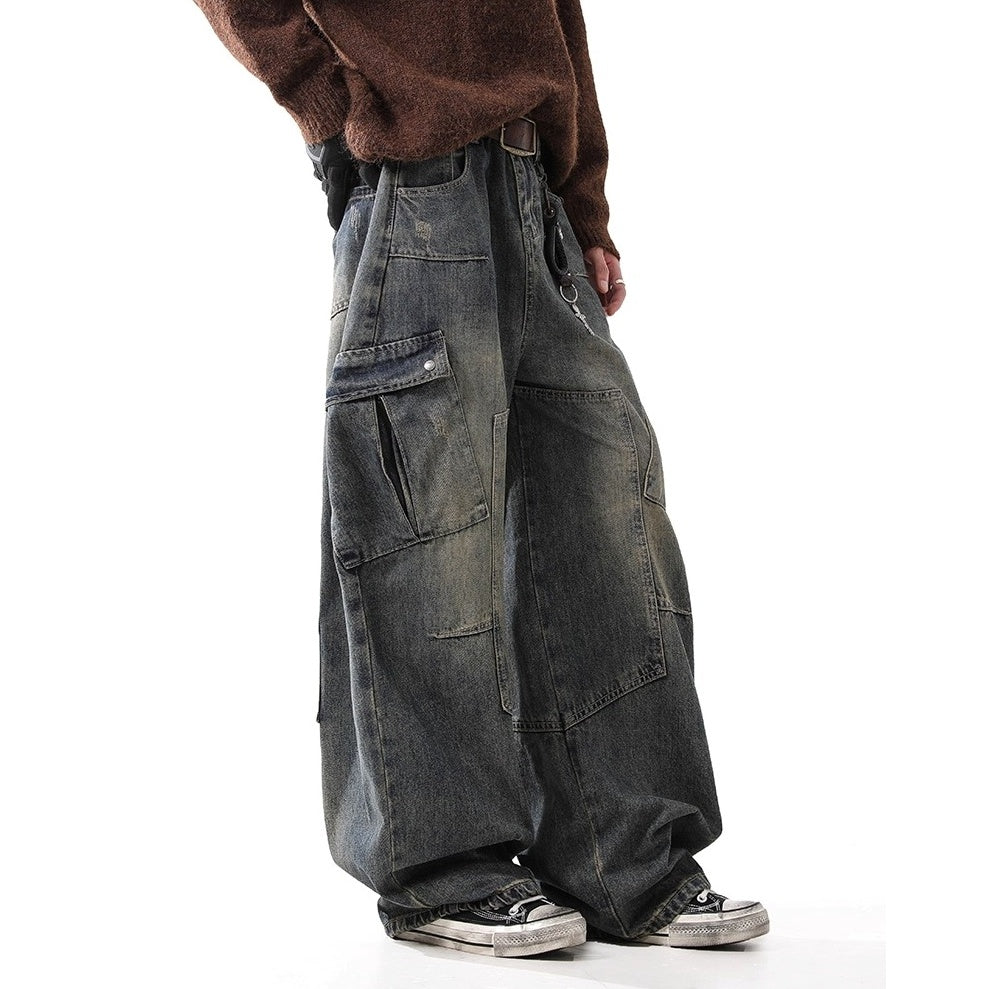 Distressed Washed Patch Curve Cargo Jeans BL1036