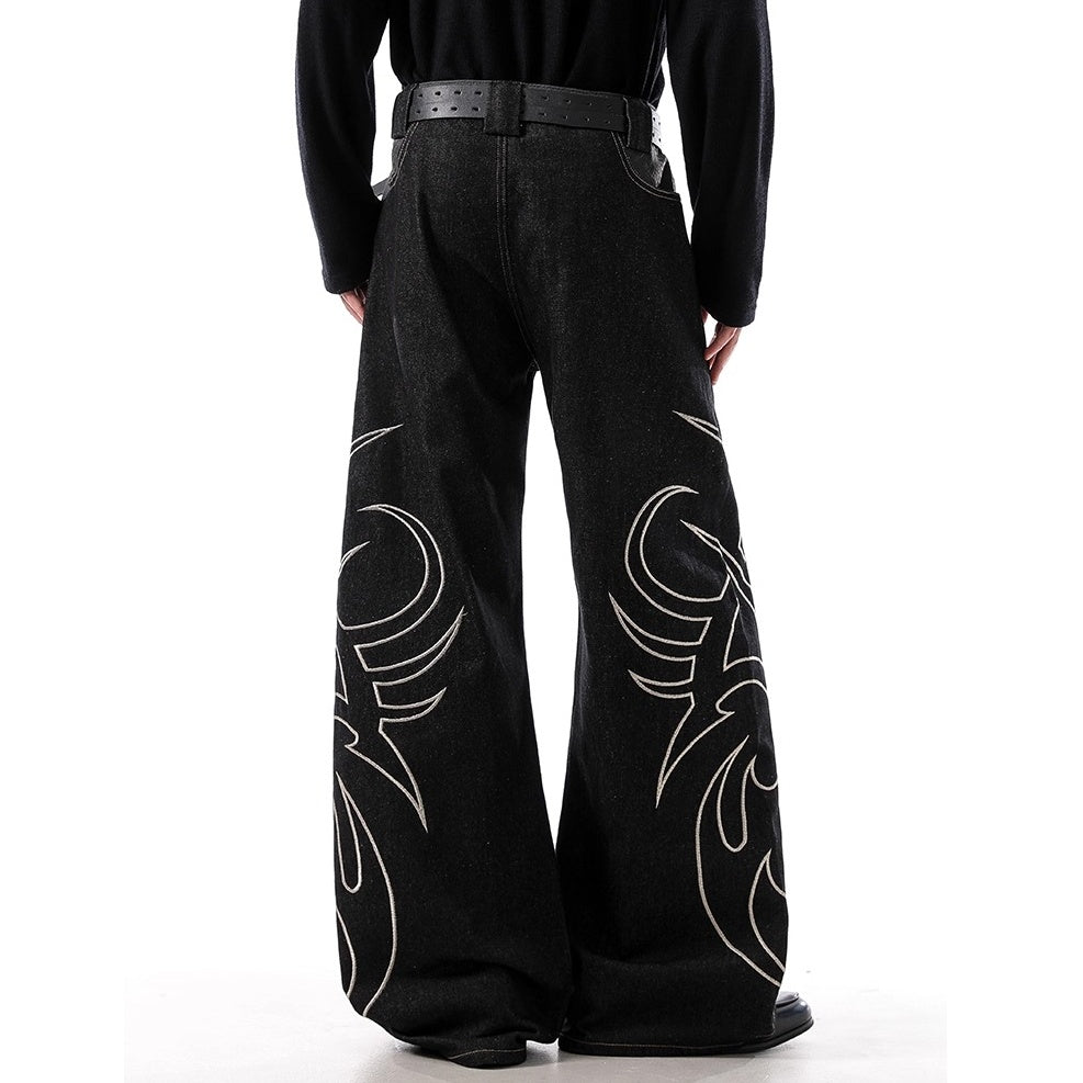 Cow Snake Print Embroidered Wide Curve Jeans BL1052