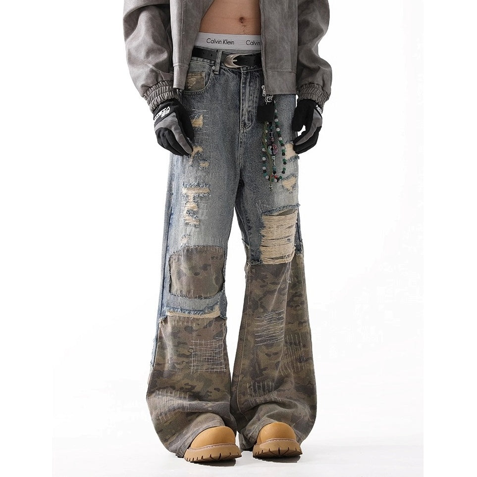 Ripped Camouflage Stitched Bootcut Jeans BL1038