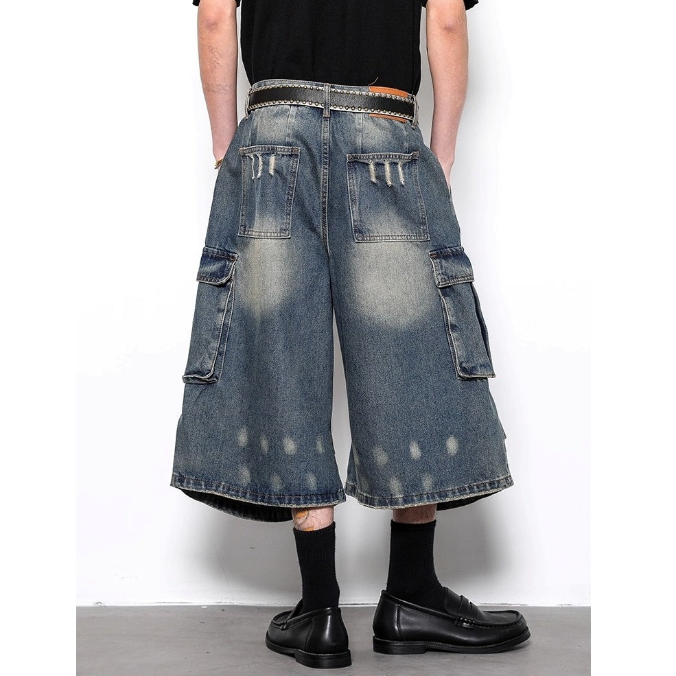 Washed Pleated Cropped Cargo Jeans BL1003