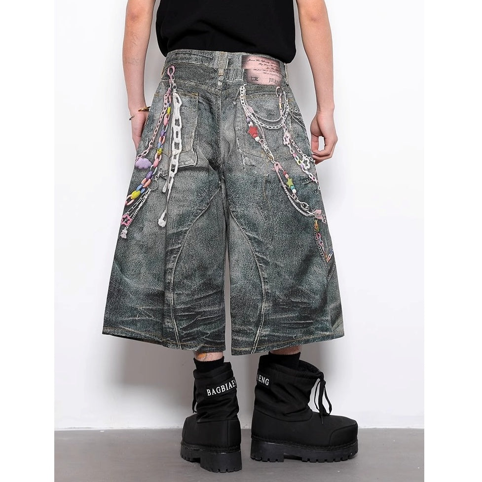 Chain Print Design Wide-leg Cropped Jeans BL1023