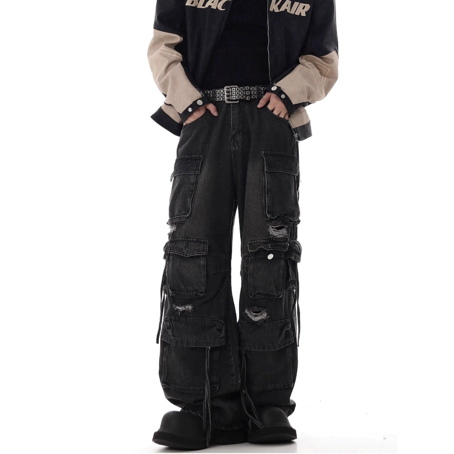 Heavy Washed Ripped Cargo Jeans MB7375