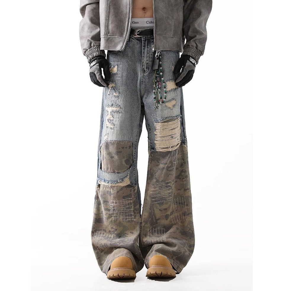 Ripped Camouflage Stitched Bootcut Jeans BL1038