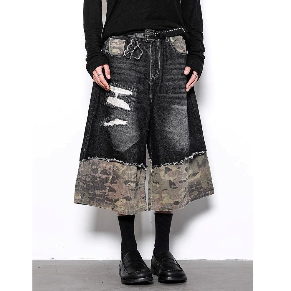 Panelled Ripped Camouflage Cropped Jeans BL1001