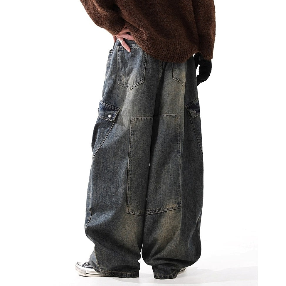 Distressed Washed Patch Curve Cargo Jeans BL1036