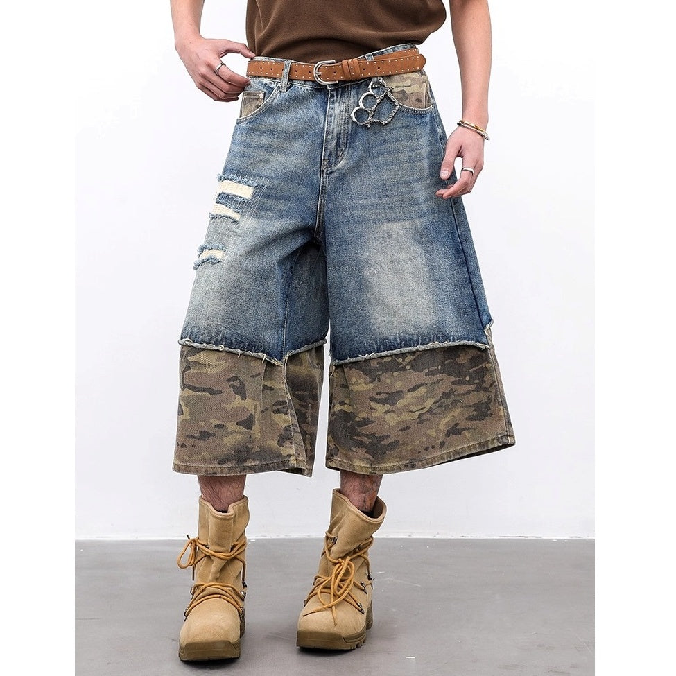 Vintage Panelled Ripped Camouflage Cropped Jeans BL1009