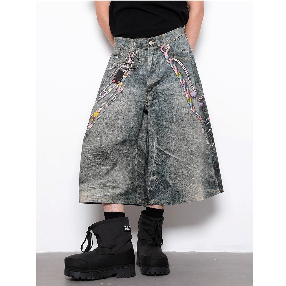 Chain Print Design Wide-leg Cropped Jeans BL1023
