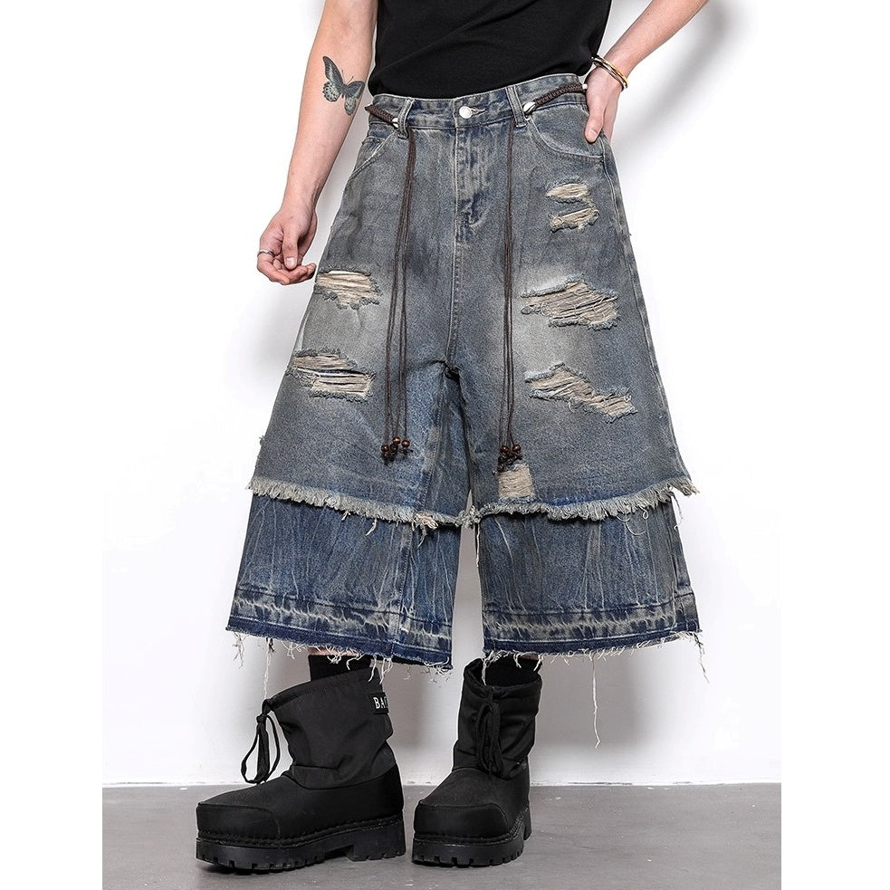 Fake Two-piece Distressed Ripped Cropped Jeans BL1021