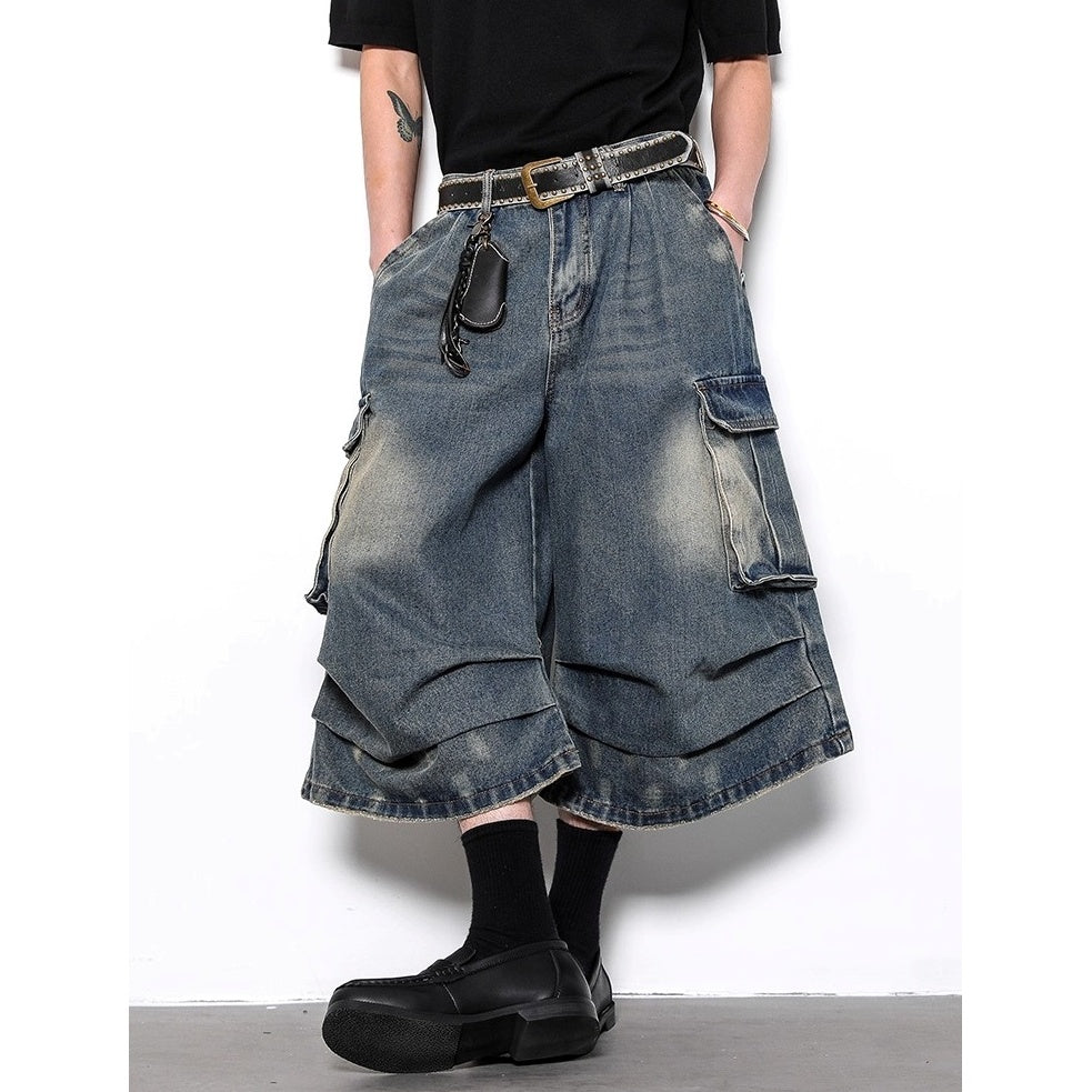 Washed Pleated Cropped Cargo Jeans BL1003