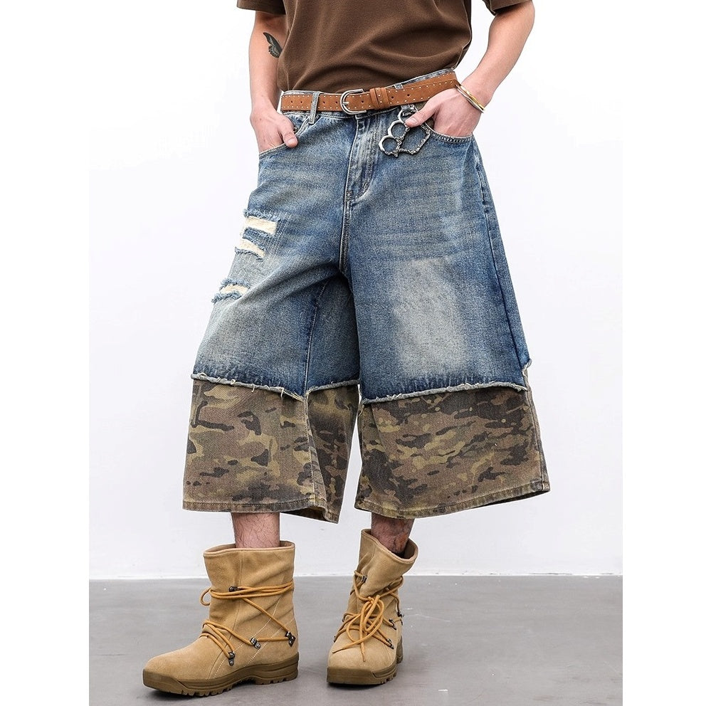 Vintage Panelled Ripped Camouflage Cropped Jeans BL1009
