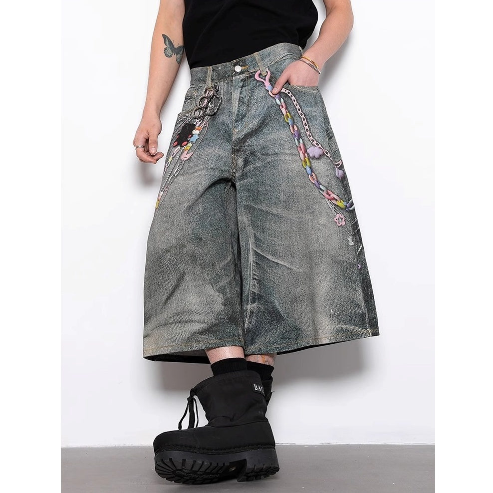 Chain Print Design Wide-leg Cropped Jeans BL1023