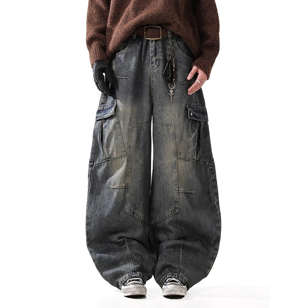 Distressed Washed Patch Curve Cargo Jeans BL1036