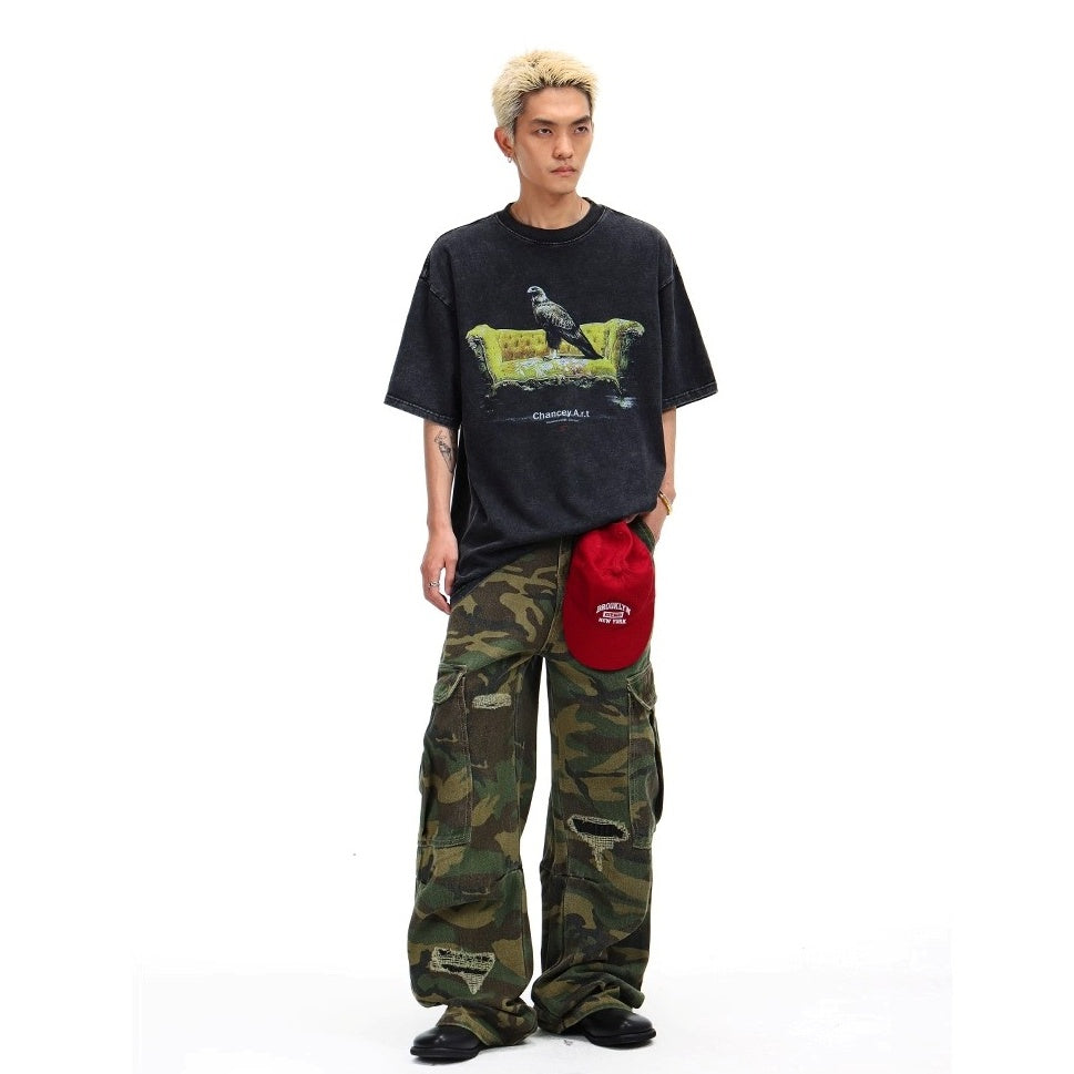 Bird Print Wash Loose T-shirt BL1039