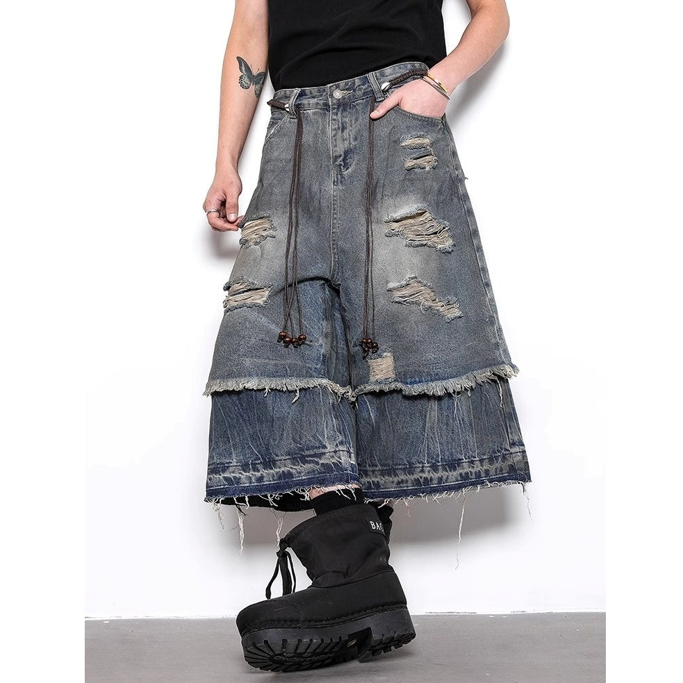 Fake Two-piece Distressed Ripped Cropped Jeans BL1021