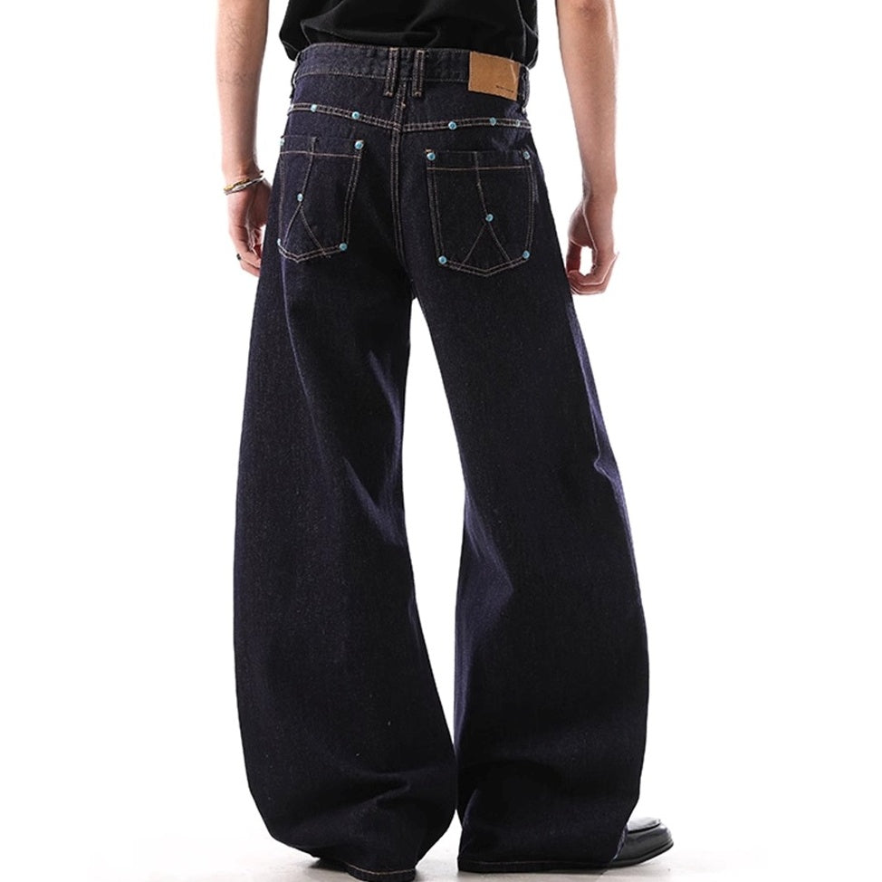 Turquoise Color Button Loose Curve Jeans BL1004
