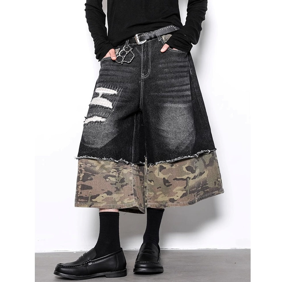 Panelled Ripped Camouflage Cropped Jeans BL1001