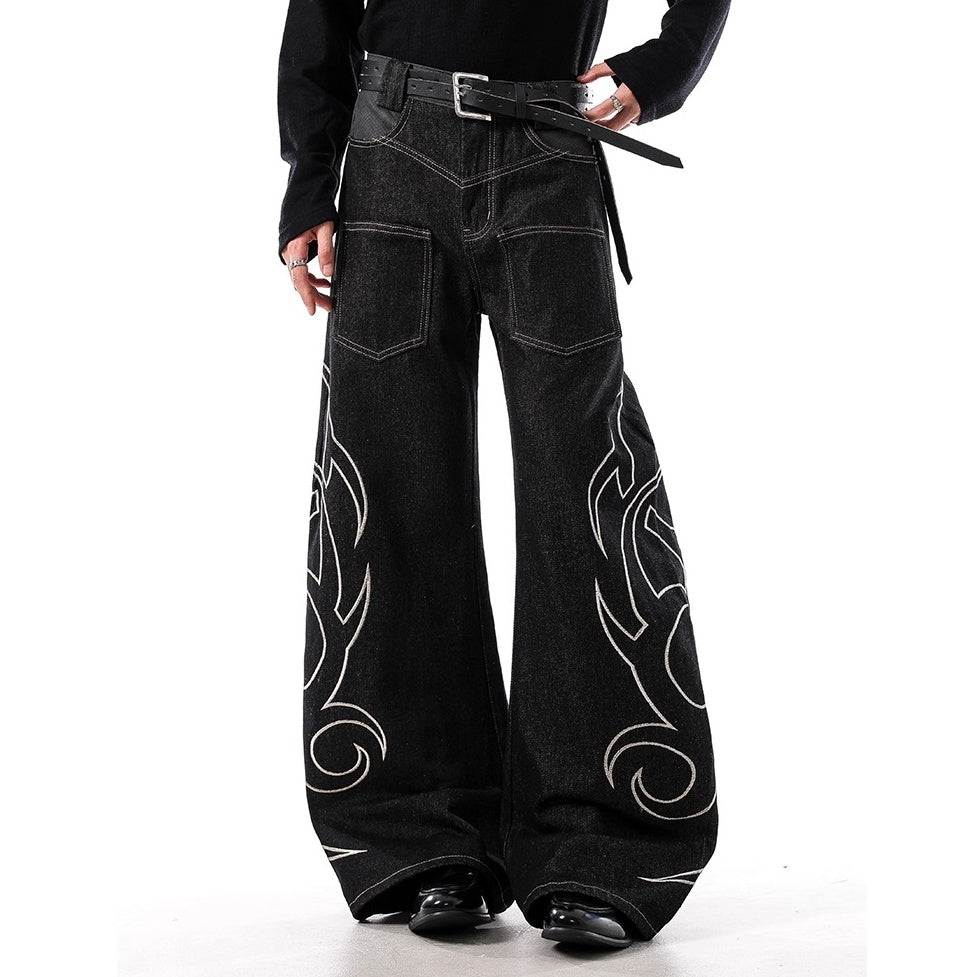 Cow Snake Print Embroidered Wide Curve Jeans BL1052