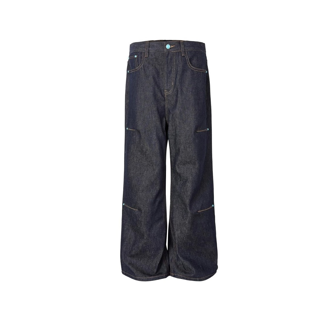 Turquoise Button Stitch Loose Straight Jeans EAT169