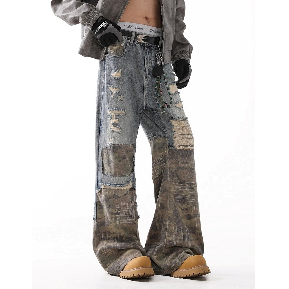 Ripped Camouflage Stitched Bootcut Jeans BL1038