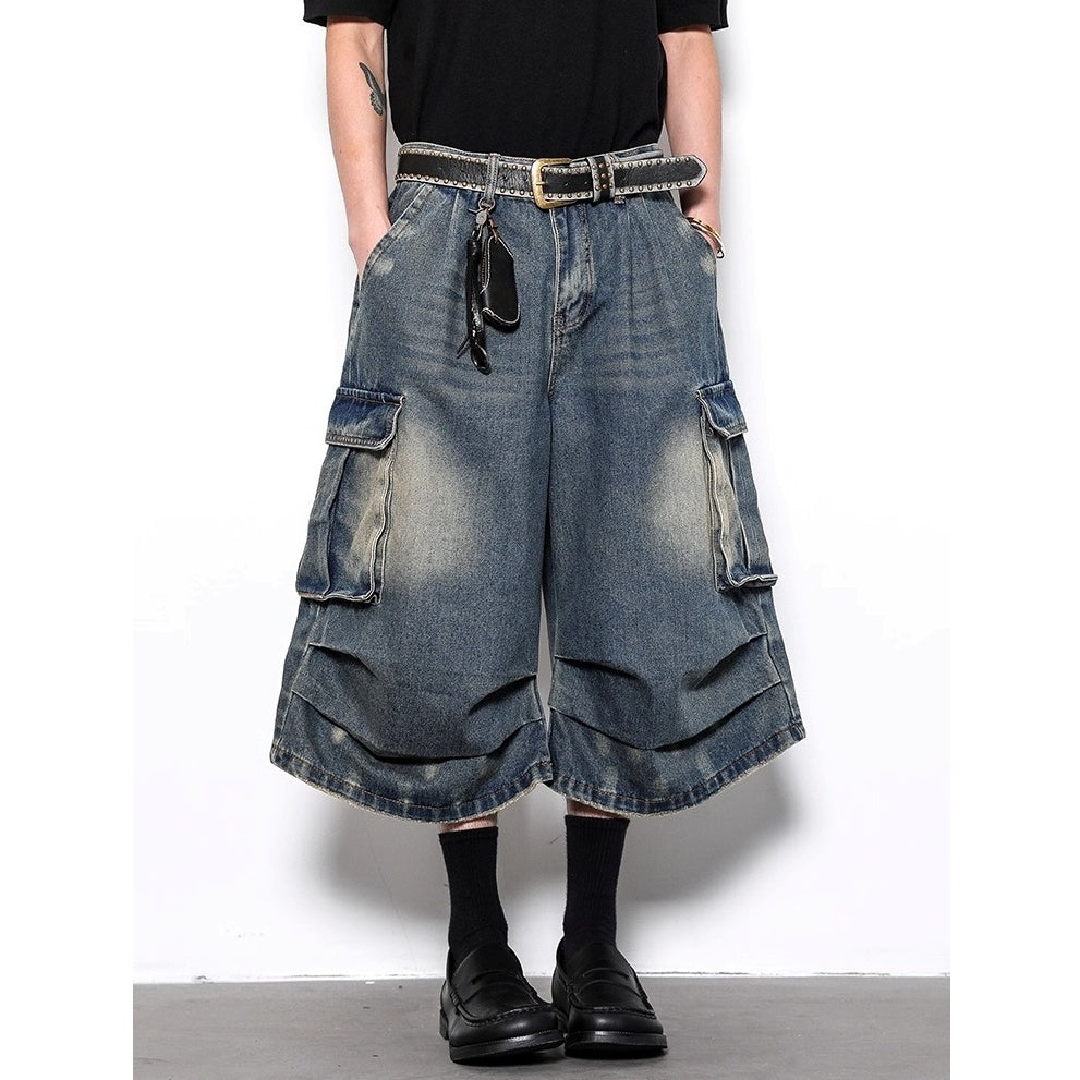 Washed Pleated Cropped Cargo Jeans BL1003