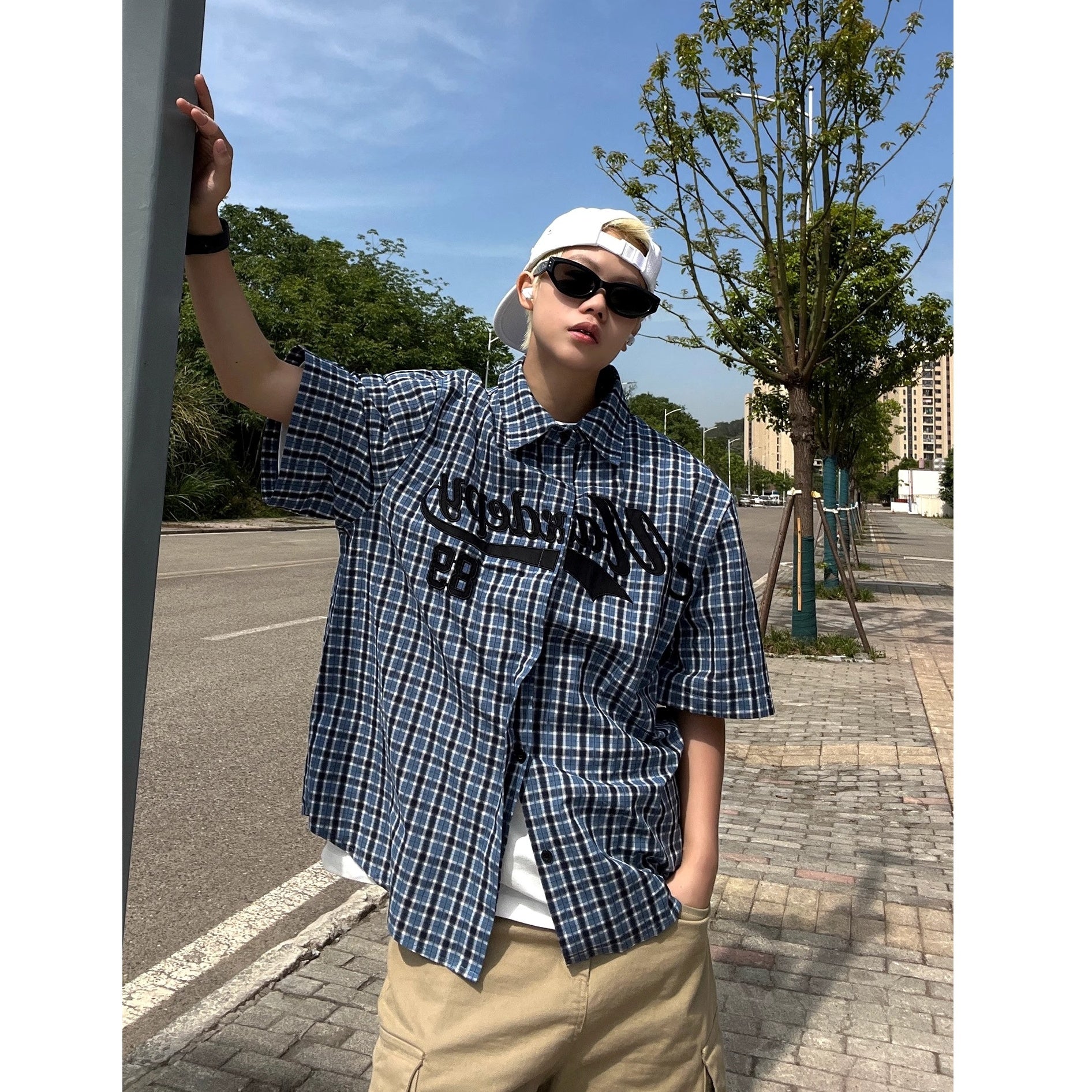Embroidery Letter Plaid Shirt EAT172