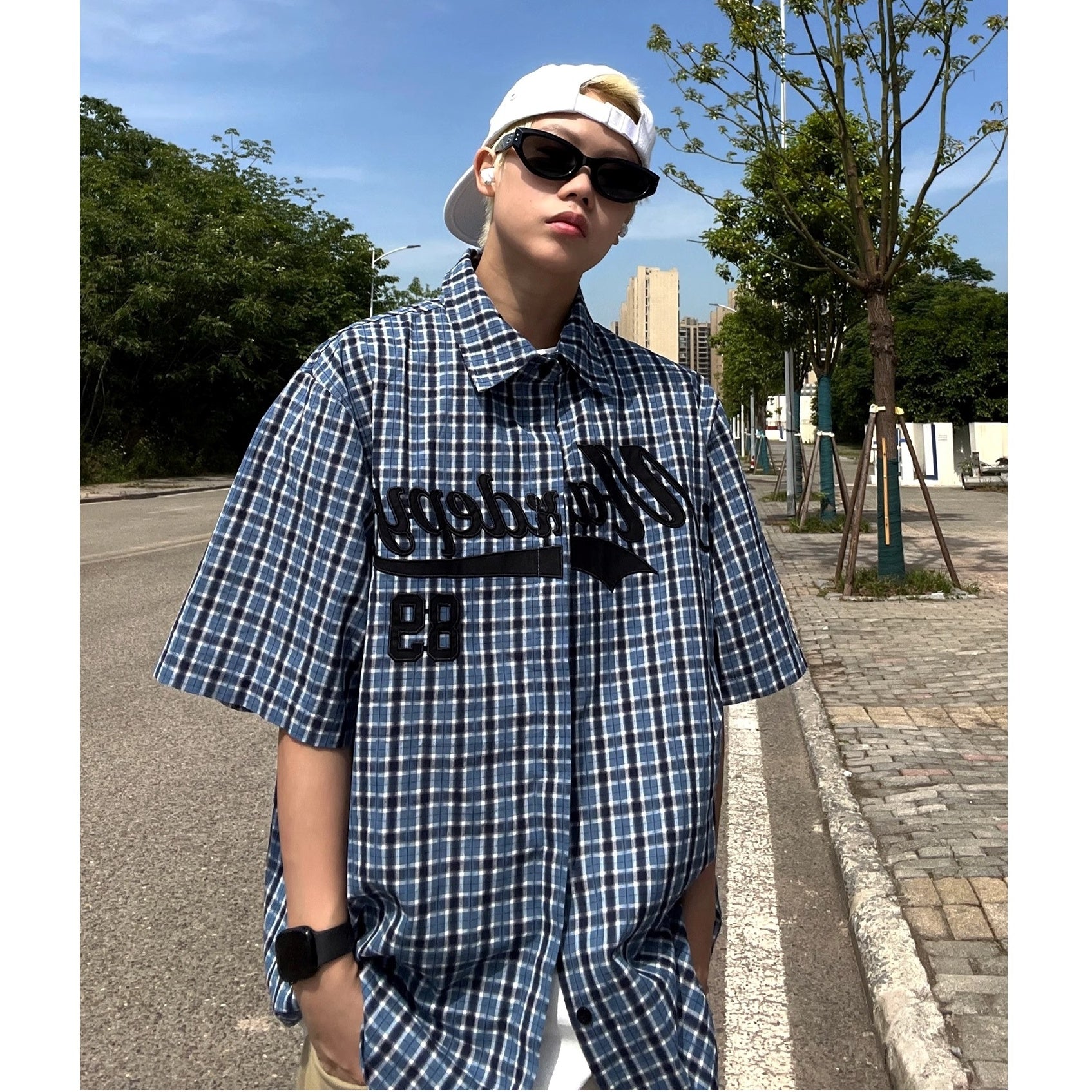Embroidery Letter Plaid Shirt EAT172