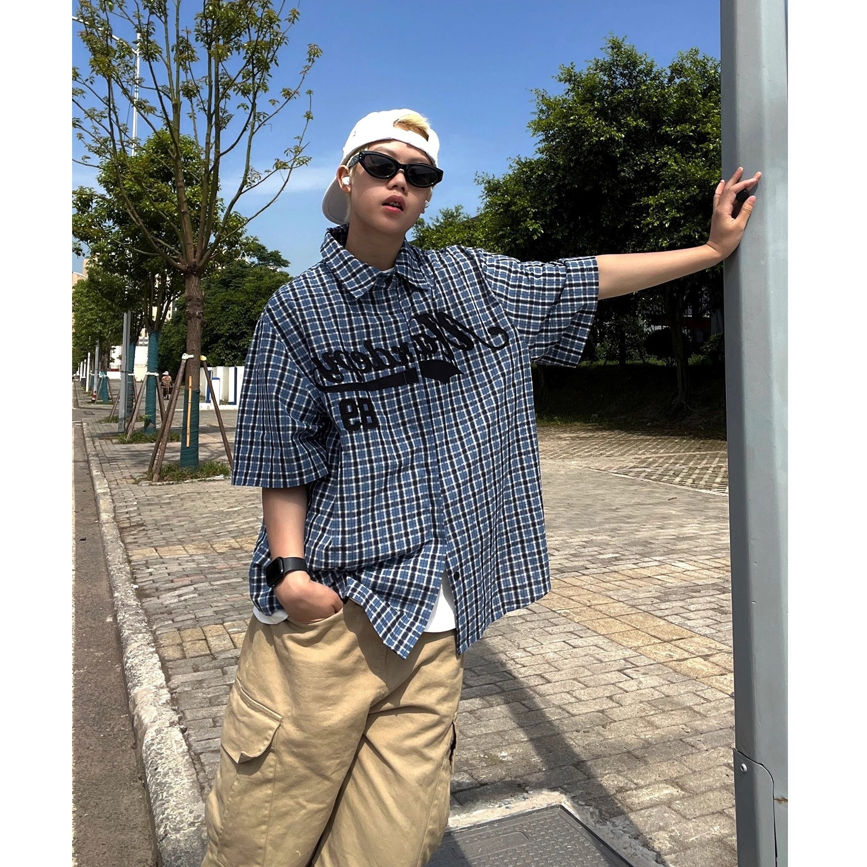 Embroidery Letter Plaid Shirt EAT172