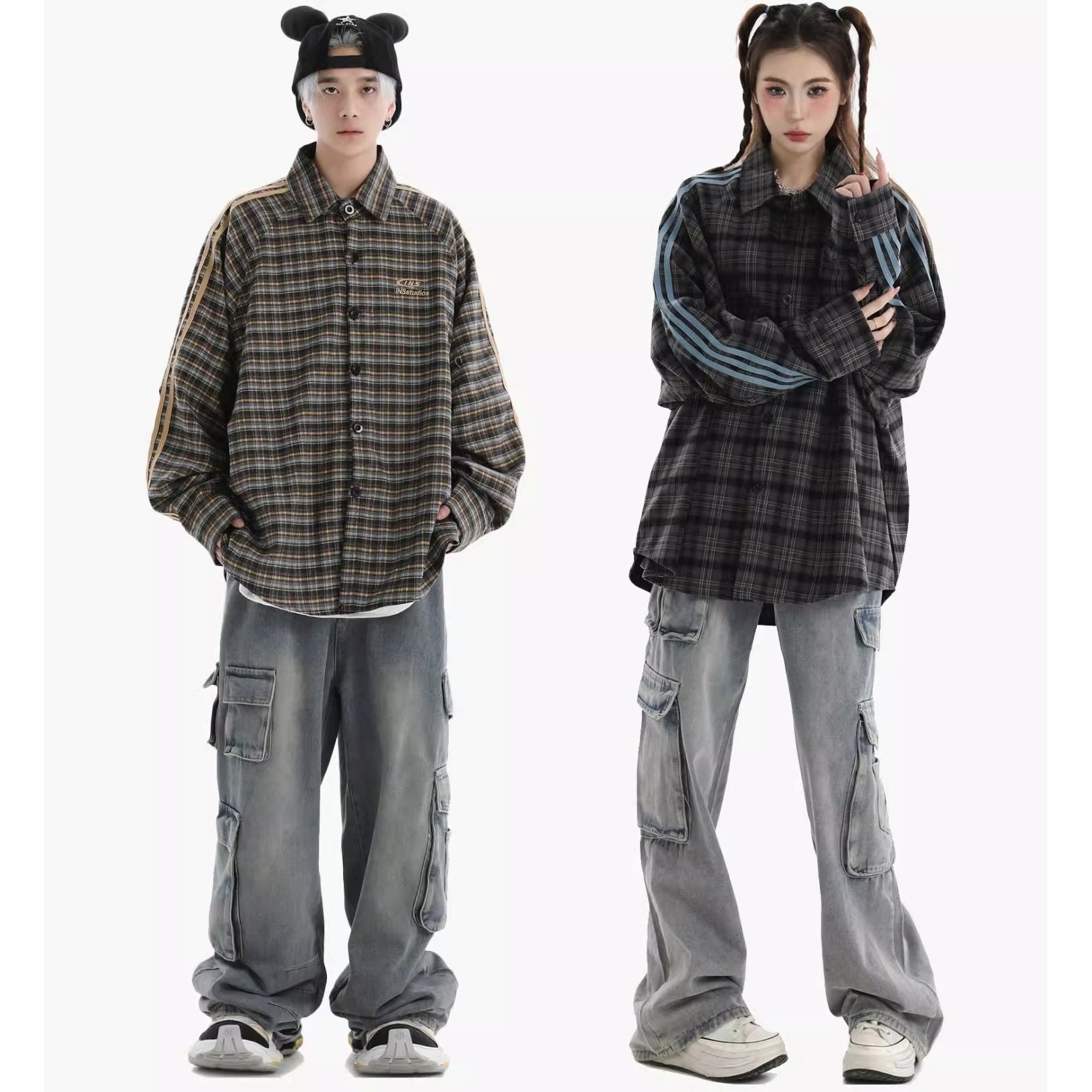 Three-bar Plaid Loose Shirt IN7077