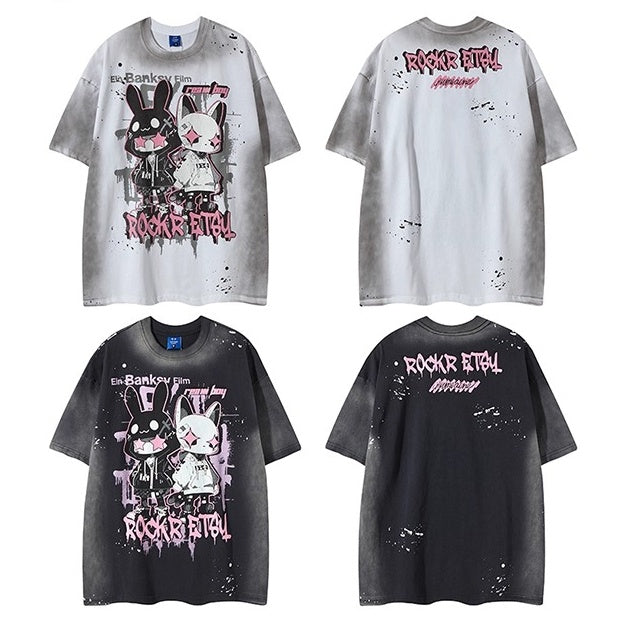 Washed Distressed Cartoon Anime Print T-shirt NH7004