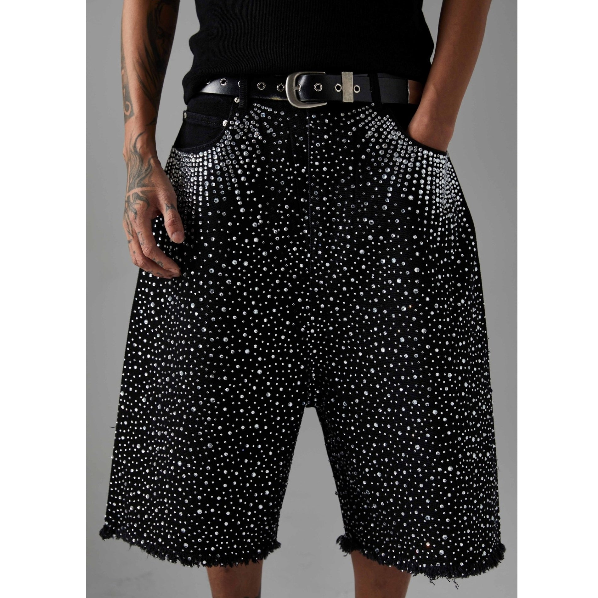 RhineStone Raw Edge Denim Half Shorts MB7352