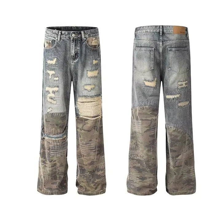 Ripped Camouflage Stitched Bootcut Jeans BL1038