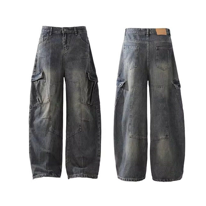 Distressed Washed Patch Curve Cargo Jeans BL1036