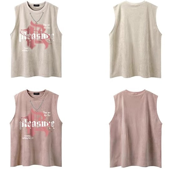 Neck Chain Loose Graphic Sleeveless T-shirt NH7003