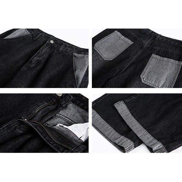 Contrasting Paneled Washed Loose Straight Jeans MD7001
