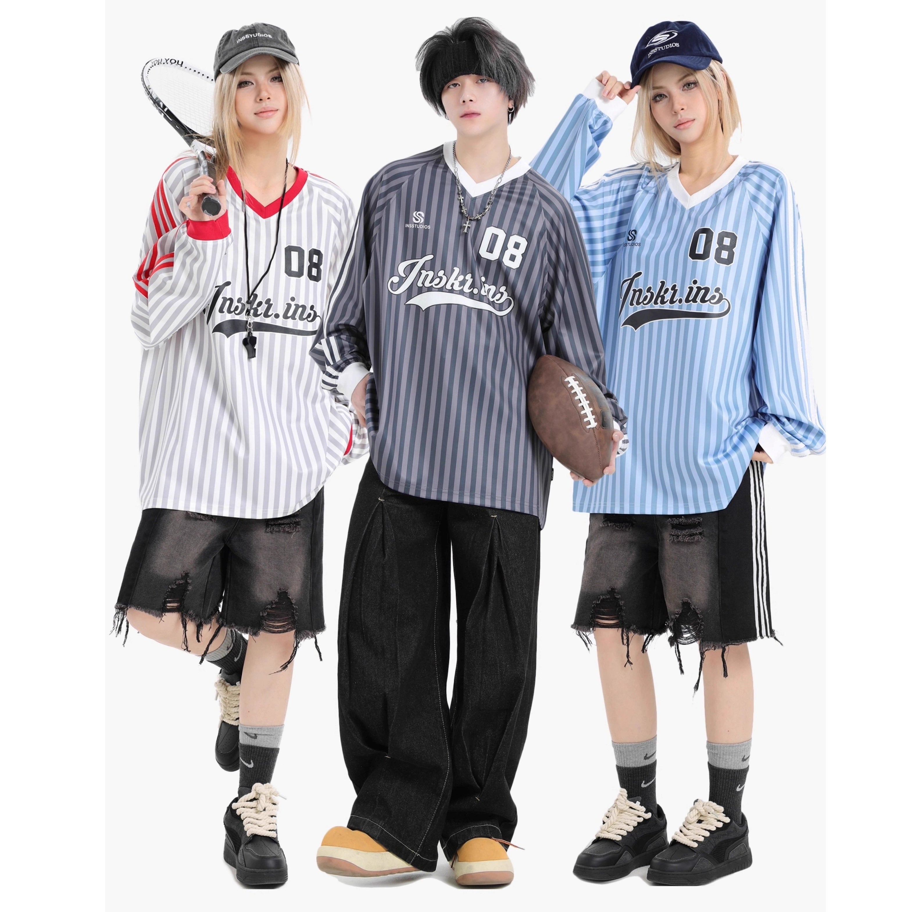 Stripe V-Neck Long Sleeve Sporty T-Shirt IN7073