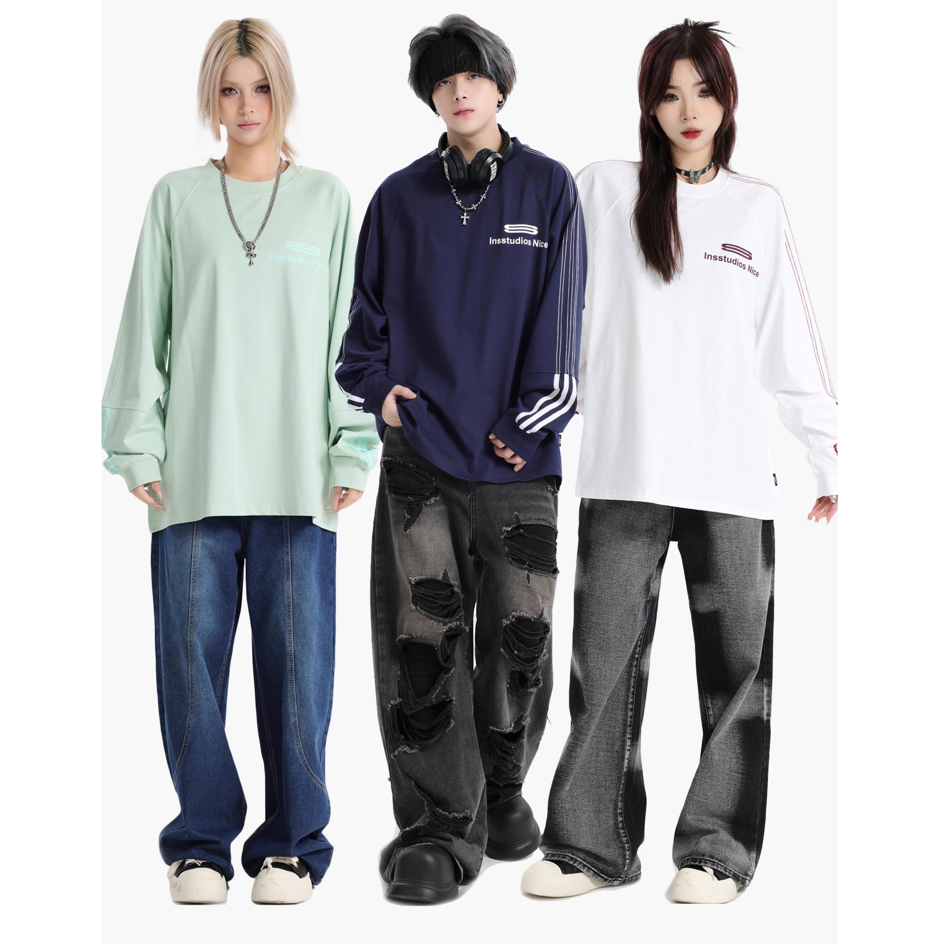 Dotted Line Three Bars LOGO Raglan Long Sleeve T-Shirt IN7071