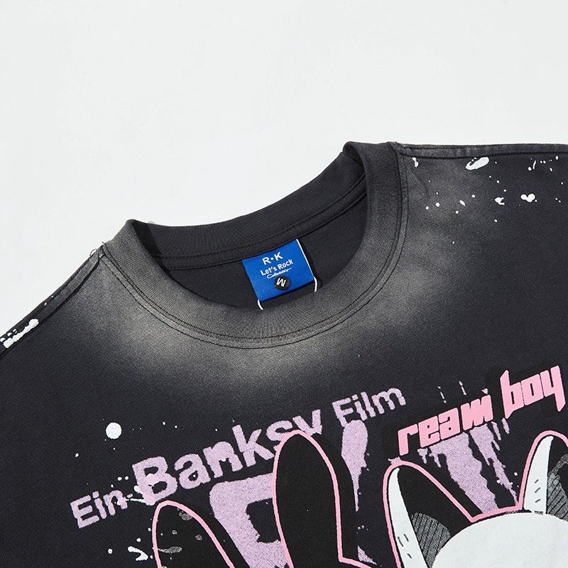 Washed Distressed Cartoon Anime Print T-shirt NH7004