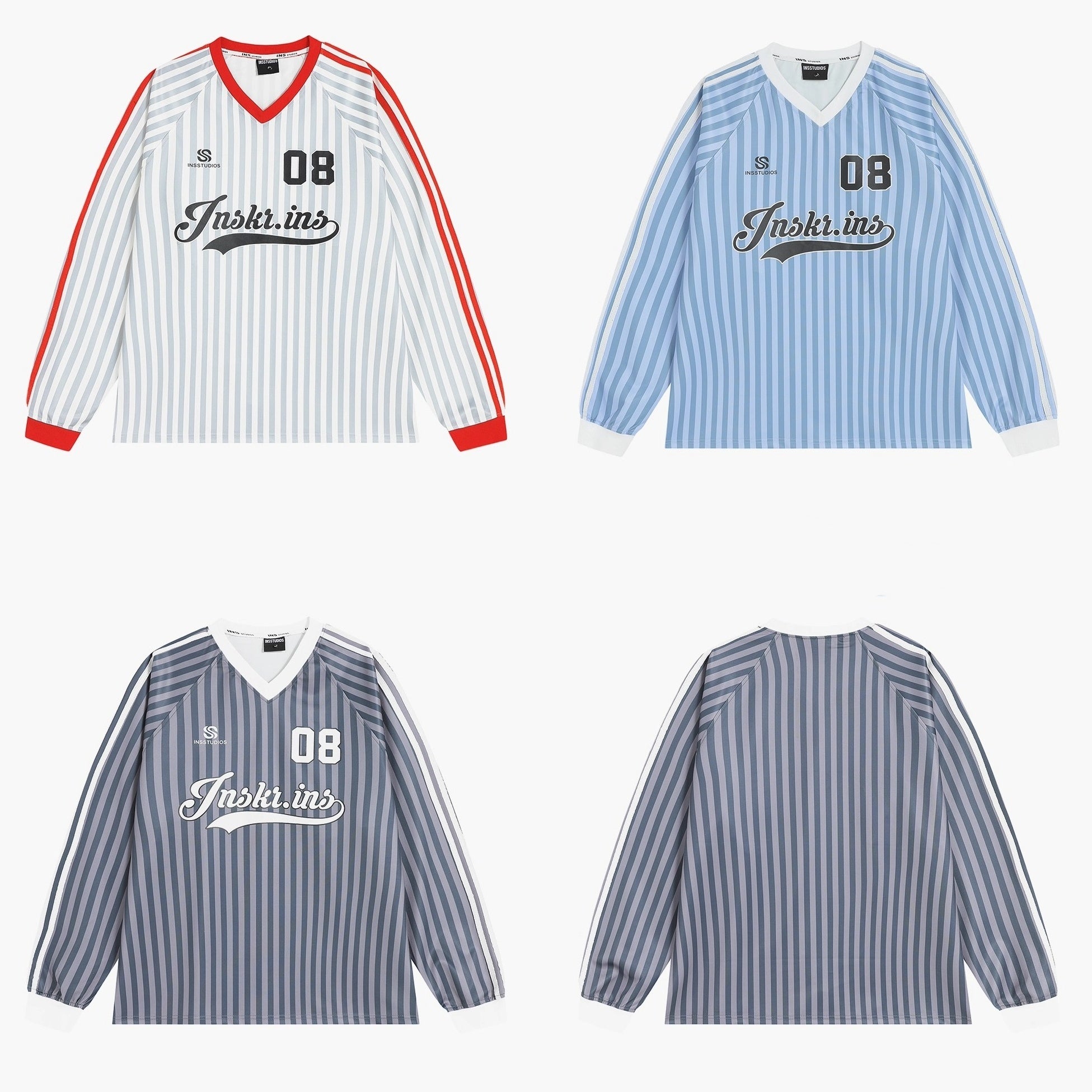 Stripe V-Neck Long Sleeve Sporty T-Shirt IN7073