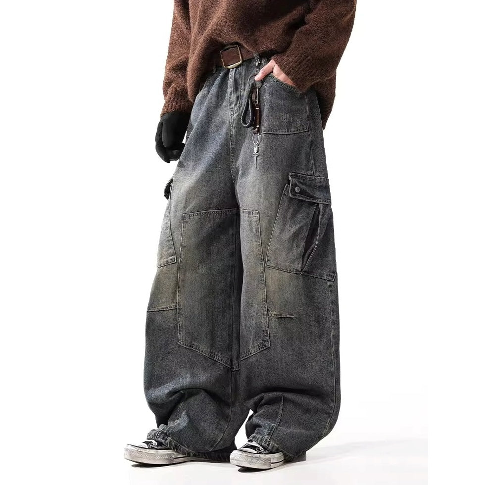 Distressed Washed Patch Curve Cargo Jeans BL1036