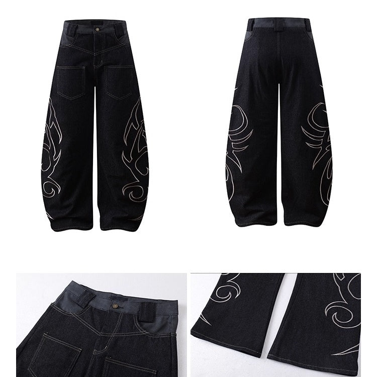 Cow Snake Print Embroidered Wide Curve Jeans BL1052