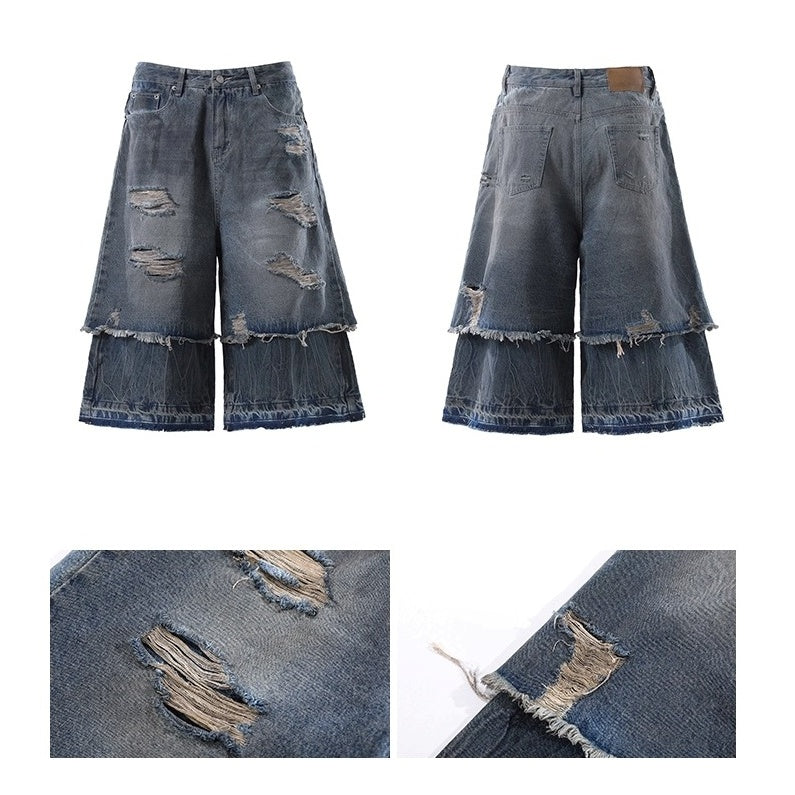 Fake Two-piece Distressed Ripped Cropped Jeans BL1021