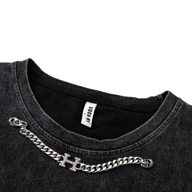 Neck Chain Wash Ripped Rose Sleeveless T-shirt NH7001