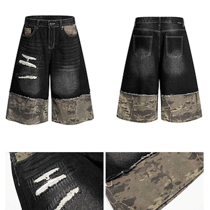 Panelled Ripped Camouflage Cropped Jeans BL1001