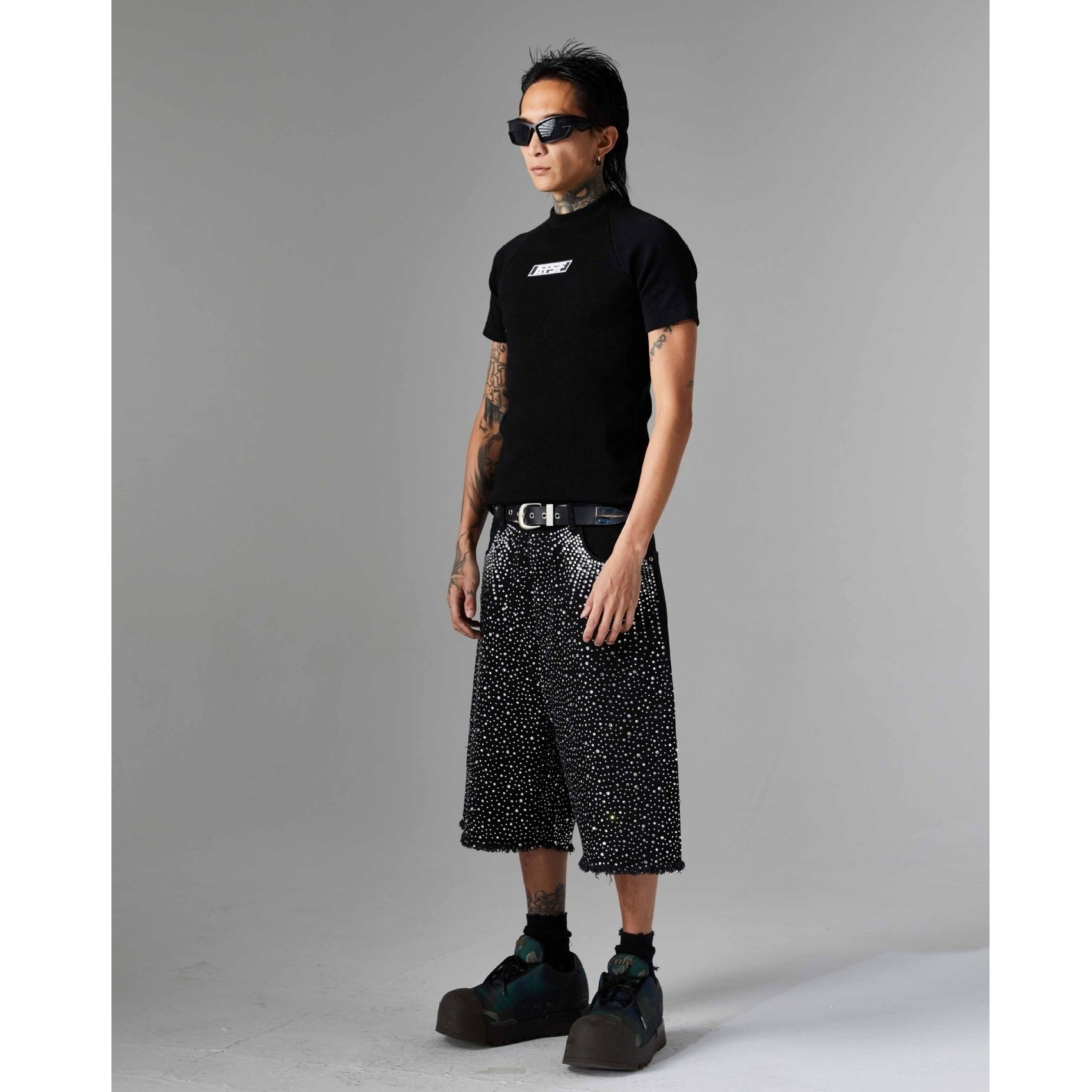 RhineStone Raw Edge Denim Half Shorts MB7352