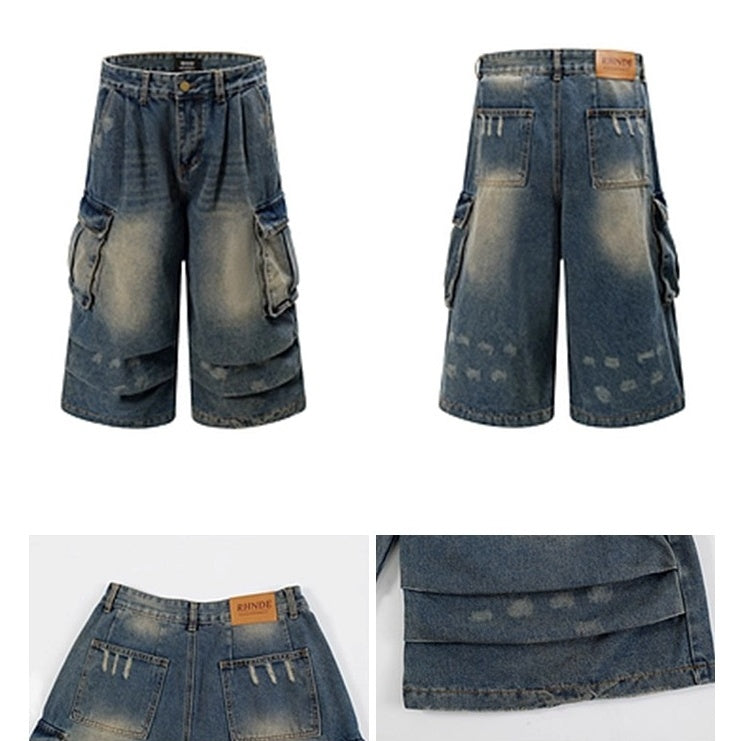 Washed Pleated Cropped Cargo Jeans BL1003