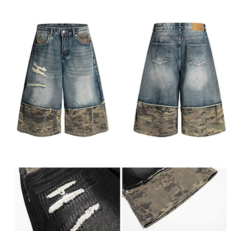Vintage Panelled Ripped Camouflage Cropped Jeans BL1009