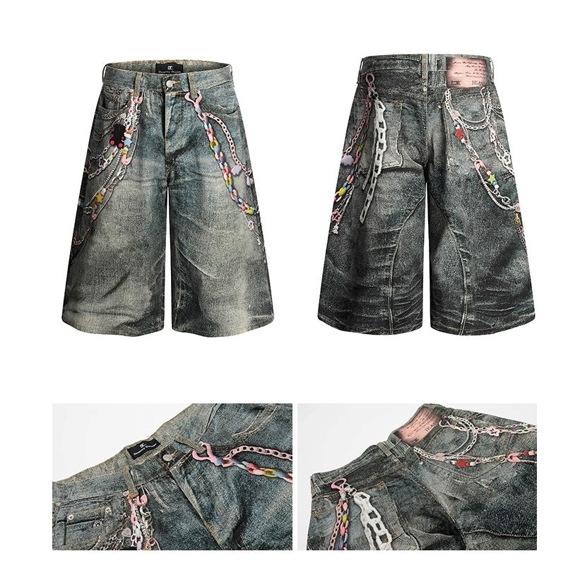 Chain Print Design Wide-leg Cropped Jeans BL1023